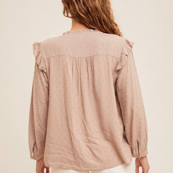 HEM & THREAD Taupe Swiss Dot Ruffle Blouse, Long Sleeve Tie Neck Top, Feminine - Picture 4 of 4